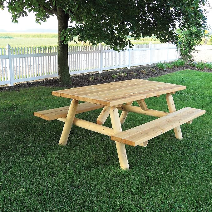 Furniture Barn USA White Cedar Log 5' Picnic Table with Attached Benches
