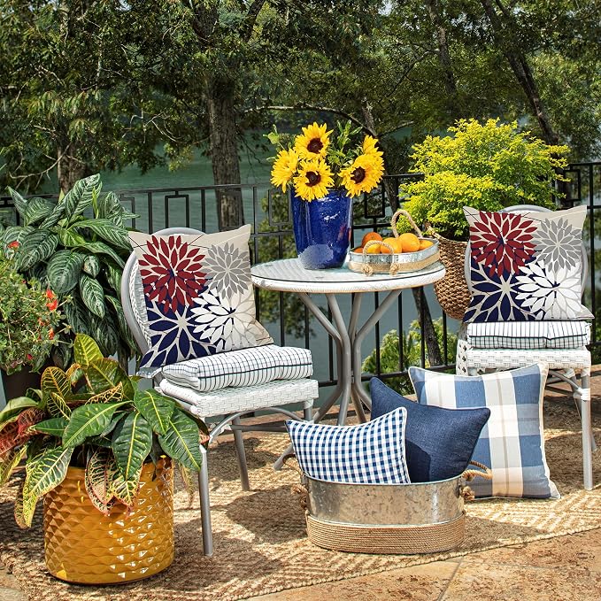 DFXSZ Pack of 2 Outdoor Waterproof Throw Pillow Covers 20x20 Red Blue | Polyester Spring Summer 4TH Of July Floral Decorative Cushion Cases(NO INSERT),For Couch Patio Funiture Garden Home Decor