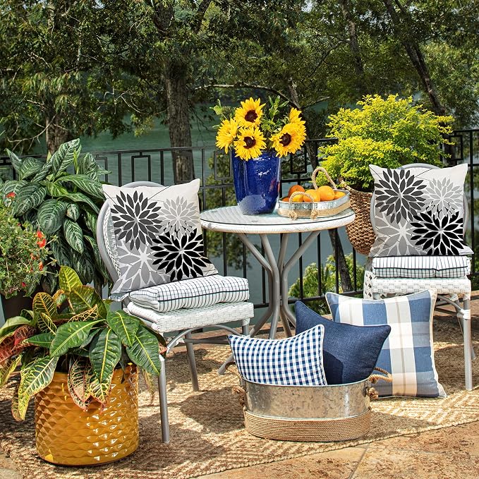 DFXSZ Pack of 2 Outdoor Waterproof Throw Pillow Covers 16x16 Grey Black | Polyester Colorful Spring Summer Floral Decorative Cushion Cases(NO INSERT),For Couch Patio Funiture Garden Home Decor