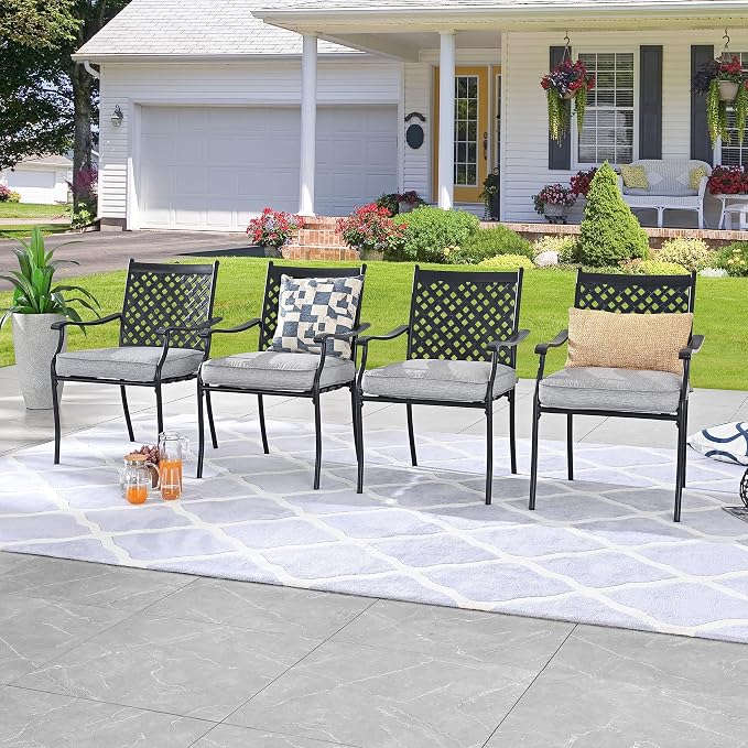 LOKATSE HOME Patio Dining Chairs Set of 4, Stackable Metal Wrought Iron Outdoor Chairs with Armrests & Thick Grey Cushions, All-Weather Heavy Duty Furniture for Garden, Backyard, Deck & Balcony