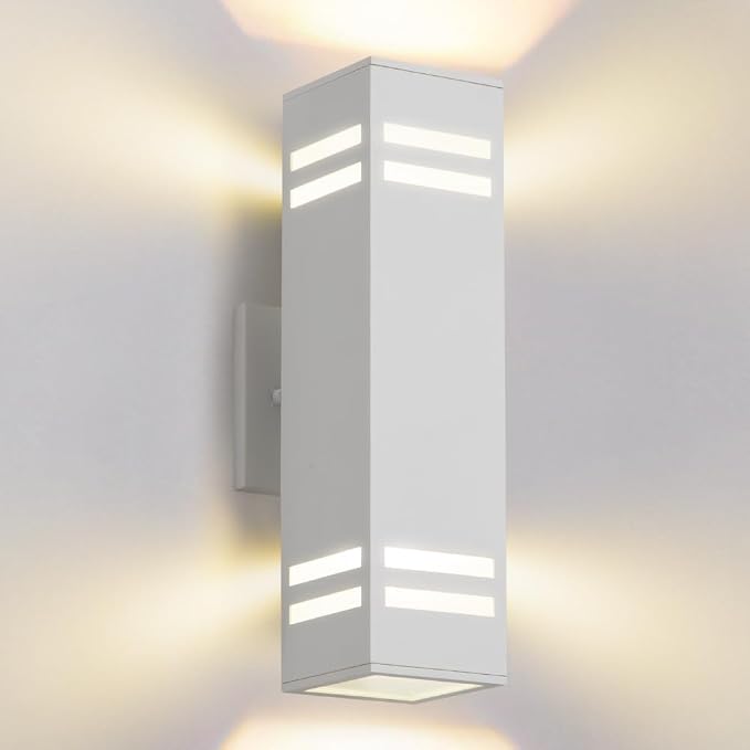 Aluminum Modern Outdoor Wall Light,15" Exterior Up Down Wall Sconce Light Fixture Sand Textured White with 3-Sided Frosted Glasses [ETL Listed] | E26 Base,UL listed,Aluminum Up and Down Lights Outdoor Exterior Wall Light Fixture Porch Light for House G...
