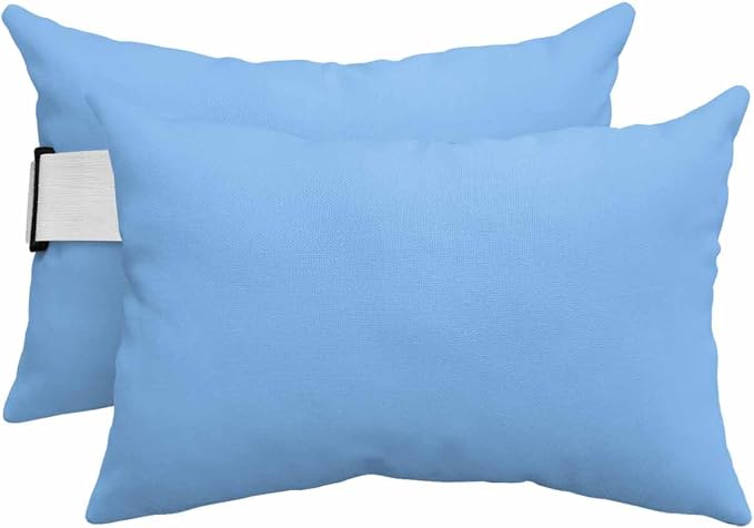 Chaise Lounge Chair Pillow with Strap & Insert Skyblue Pattern Outdoor Recliner Head Pillow Pack of 2 Pure Colour Waterproof Headrest Patio Lumbar Pillow for Beach Pool Office Chair 12x20 Inch