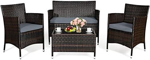 HAPPYGRILL 4 Pieces Patio Sofa Set Rattan Wicker Furniture Patio Conversation Set with Cushioned Sofa and Coffee Table for Outdoor Backyard Garden Poolside