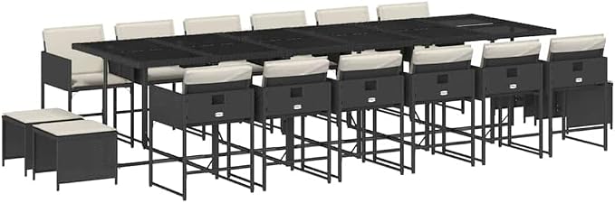 17-Piece Outdoor Rattan Dining Set with Cushions, Large Patio Furniture Set for 16 People, Table, 12 Chairs, 4 Stools, Tempered Glass Top, Backyard Garden Terrace, Black and Cream