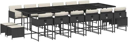 17-Piece Outdoor Rattan Dining Set with Cushions, Large Patio Furniture Set for 16 People, Table, 12 Chairs, 4 Stools, Tempered Glass Top, Backyard Garden Terrace, Black and Cream