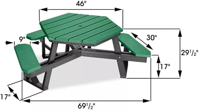 Frog Furnishings Hex Table Bench, Portable Outdoor, for All Weather, Backyard, Dining Party, Patio, Also for School, College, Park, Playground, Swimming Pool