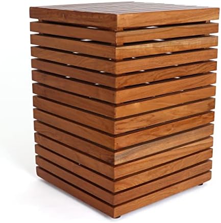 Teak Garden Stool - Farmhouse End Table Barn Door Wooden Rustic Side Table/Patio Indoor Outdoor (Modern), Brown, 15 in x 20 (D W H)