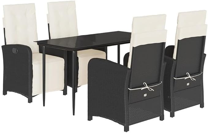BOWERY HILL 5 Piece Poly Rattan Garden Dining Set, Black and Cream White Finish, Tempered Glass Table, Adjustable Reclining Chairs, Cushions with Removable Covers, Outdoor Patio or Garden Furniture