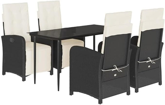 BOWERY HILL 5 Piece Poly Rattan Garden Dining Set, Black and Cream White Finish, Tempered Glass Table, Adjustable Reclining Chairs, Cushions with Removable Covers, Outdoor Patio or Garden Furniture