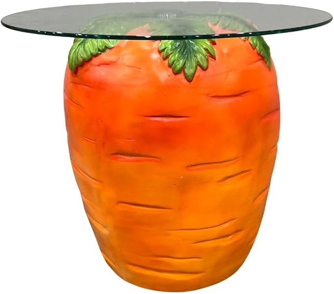 16" Carrot-Shaped Resin Side Table w/ Glass Top,Novelty Fruit Stool,Orange | Round End Table for Living Room Bedroom Patio, Weather-Resistant & Easy Clean, Fun Home Decor Accent