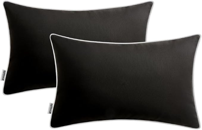 MIULEE Outdoor Waterproof Pillow Covers 12x20 Black Pack of 2 | Decorative Farmhouse Throw Pillow Covers with Piping,Square Solid Color,Patio Furniture,Summer Couch Tent Sofa Living Room