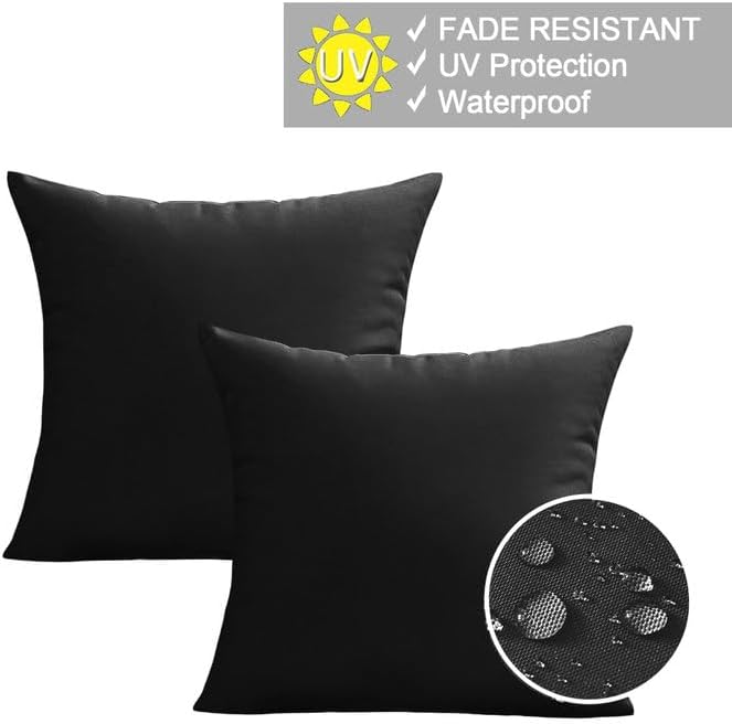 VAKADO Outdoor Waterproof Throw Pillow Covers 18X18 Set of 2 Decorative Black Patio Furniture Cushion Cases Outside Decor for Couch Garden Bench Porch