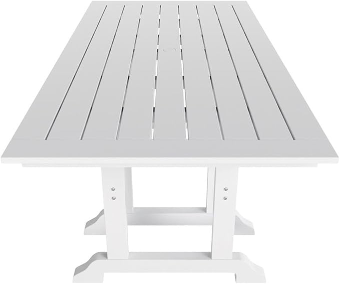 Costaelm Rectangle Outdoor Dining Tables, 71'' Patio Table with Umbrella Hole for 6 Person, Balcony Outdoor Buffet Table, Porch Tables for Outside Lawn Porch Bistro Furniture, White