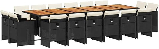 17 Piece Garden Dining Set with Cushions, Acacia Wood Rectangular Table and 16 Folding Chairs, Black and Brown Outdoor Patio Set for Large Gatherings