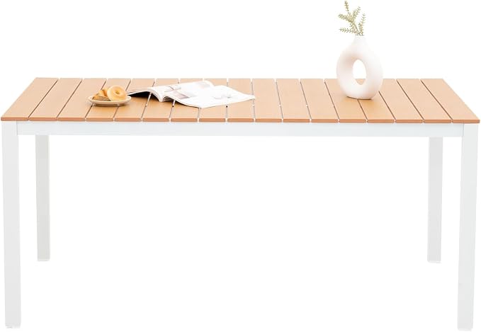 Outdoor Dining Table for 4-6 People Weather-Resistant Rectangle Patio Dining Table with Aluminum Frame for Garden Backyard Porch, White