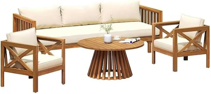 Merax Outdoor 4-Piece Acacia Wood Conversation Set - Patio 3-Seat Loveseat Sofa Daybed with Cushion, 2 Armchair and Round Coffee Table for Backyard, Lawn, Balcony, Teak + Beige
