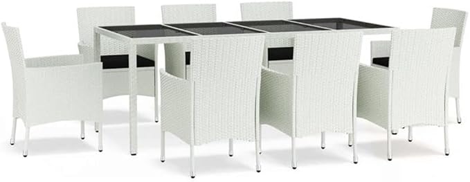 Afuera Living 9-Piece Patio Dining Set, Powder-Coated Steel and White Poly Rattan, Black Cushions, Weather-Proof Modern Outdoor Dining Furniture for Garden or Terrace, Seats Up to 9 People