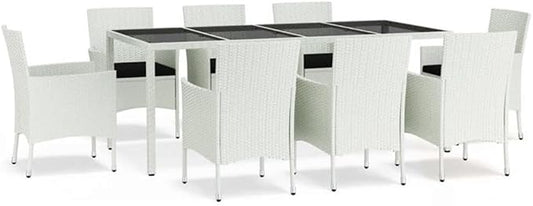 Afuera Living 9-Piece Patio Dining Set, Powder-Coated Steel and White Poly Rattan, Black Cushions, Weather-Proof Modern Outdoor Dining Furniture for Garden or Terrace, Seats Up to 9 People
