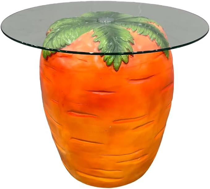 16" Carrot-Shaped Resin Side Table w/ Glass Top,Novelty Fruit Stool,Orange | Round End Table for Living Room Bedroom Patio, Weather-Resistant & Easy Clean, Fun Home Decor Accent