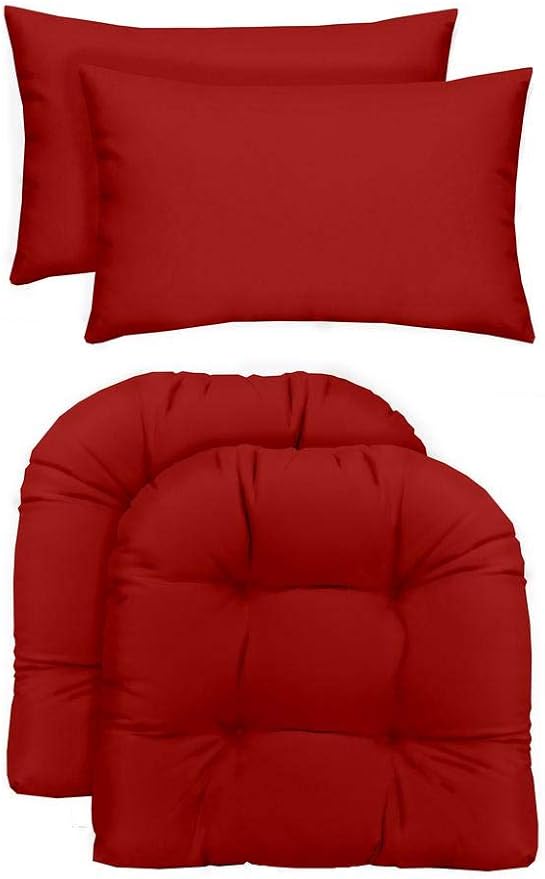 RSH DECOR: Tufted U-Shapes & Lumbars 2 of Each | 22" x 22” & 20" x 12" | Water-Resistant Spun Fabric | Outdoor Wicker Cushions & Support Pillows for Patio Furniture | Heritage Red
