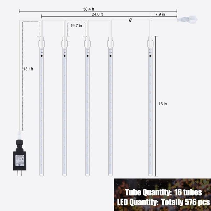 Brightown Meteor Shower Lights Outdoor, 16 Inches 16 Tubes 576 LED Icicle Lights, Waterproof Meteor Christmas Light, Hanging Falling Rain Light for Tree Holiday Party Christmas Decor, Multicolor