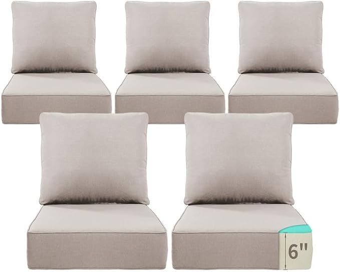 Luxury 22*24*6in Outdoor Patio Cushions, 5 Pieces Beige Outdoor Cushion | 6'' Thick Outdoor Cushions, Water-Resistant, Reversible, Removable Cover, for Patio Chairs Sofa Couch Loveseat