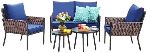 JOYURE 5 Pieces Patio Furniture Set,Outdoor Conversation Set with 2 Round Side Tables,Modern Metal Outdoor Couch with Waterproof Cushions for Backyard,Porch,Navy