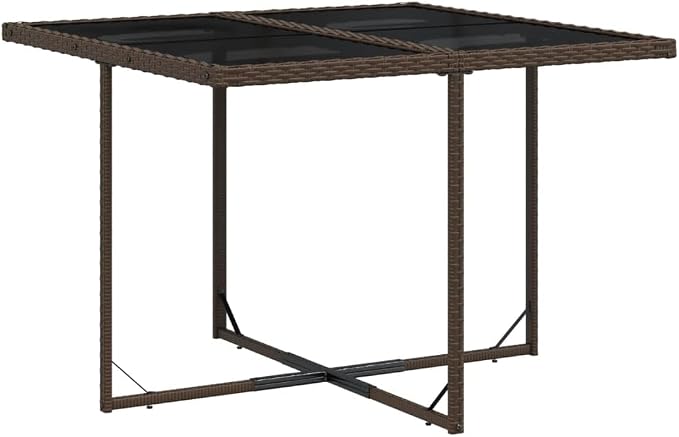 9 Piece Patio Dining Set with Cushions Brown Poly Rattan Outdoor Garden Furniture Table and 8 Folding Chairs Tempered Glass Top Removable Washable Cover