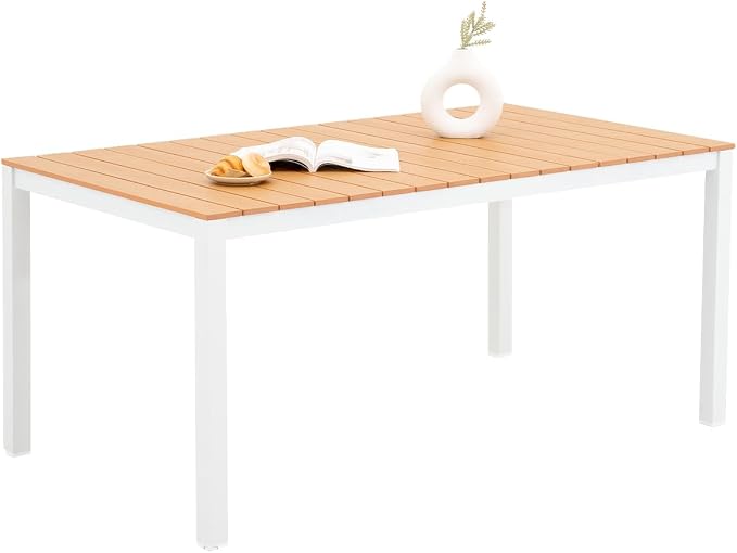 Outdoor Dining Table for 4-6 People Weather-Resistant Rectangle Patio Dining Table with Aluminum Frame for Garden Backyard Porch, White