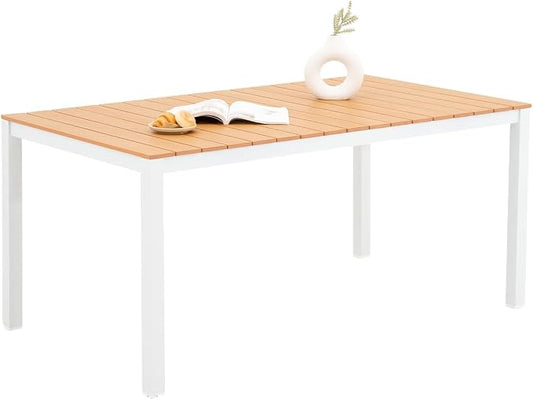 Outdoor Dining Table for 4-6 People Weather-Resistant Rectangle Patio Dining Table with Aluminum Frame for Garden Backyard Porch, White