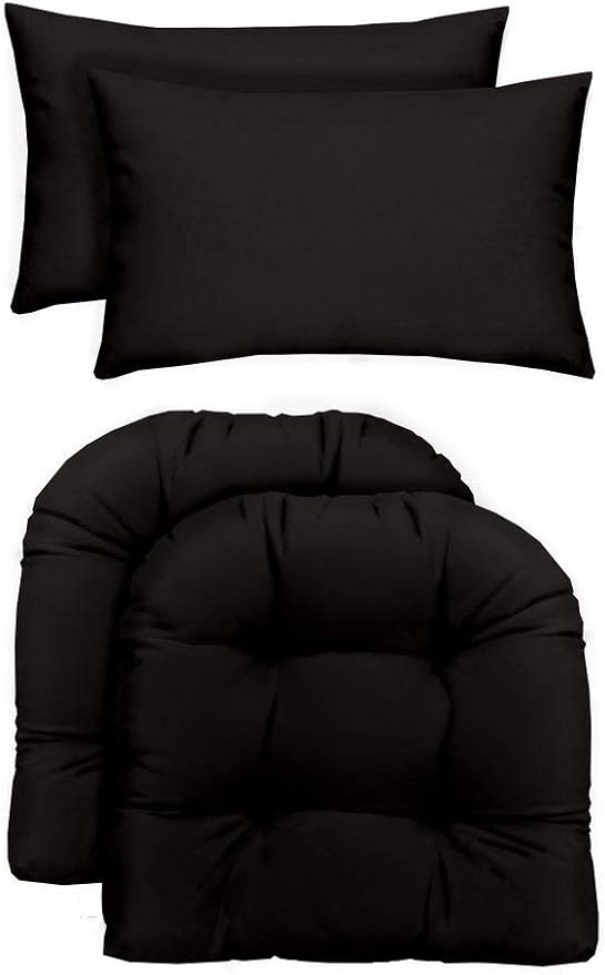 RSH DECOR: Tufted U-Shapes & Lumbars 2 of Each | 19” x 19” & 20" x 12" | Water-Resistant Spun Fabric | Outdoor Wicker Cushions & Support Pillows for Patio Furniture | Black
