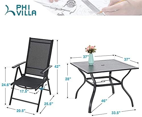 PHI VILLA Outdoor Patio Dining Set with Umbrella, Outside Table and Folding Chair Set for 4 and 1 Large Patio Table Umbrella(Orange Red)