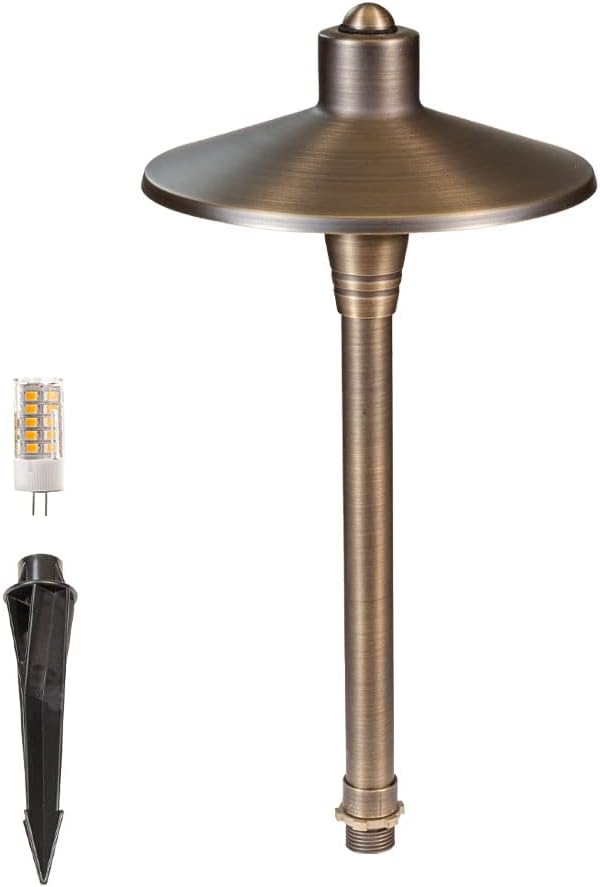 G2 12V Brass Mini Path Light (15"" Tall) & 3W 2700K G4 LED Bulb | Low Voltage, 300 Lumens of Warm White Light, Illuminates 6-Foot Diameter Area, Ideal for Walkway Garden Patio or Driveway