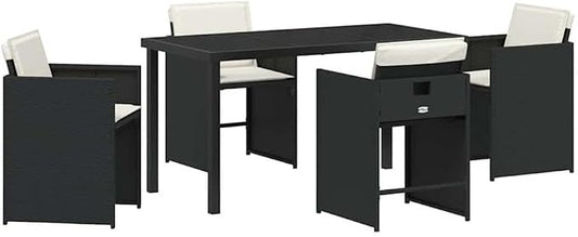 Afuera Living 5 Piece Patio Dining Set, Black Poly Rattan with Cushions, Powder-Coated Steel Frame, Tempered Glass Tabletop, UV Resistant, Weatherproof Outdoor Furniture for Garden or Patio