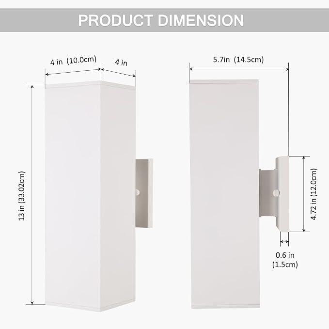 13" White Square Modern Outdoor Wall Light Exterior Wall Sconce | E26 Base,UL listed,Aluminum Up and Down Lights Outdoor Exterior Wall Light Fixture Porch Light for House Garage Patio Garden