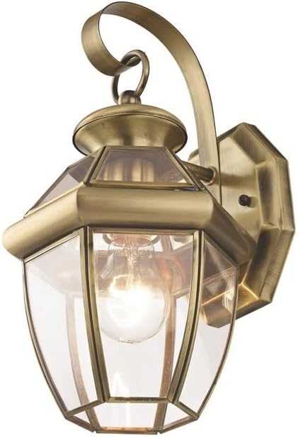 Livex Lighting 2051-01 Monterey 1 Light Outdoor Antique Brass Finish Solid Brass Wall Lantern with Clear Beveled Glass | Clear Beveled Glass; Solid brass construction