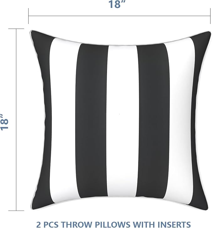 LVTXIII Outdoor Throw Pillows 18x18 Patio Waterproof Square Pillows with Piping Fade Resistant Accent Pillow for Spring Summer Garden Decoration, Set of 2, Cabana Black