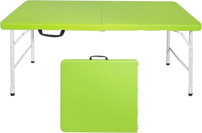 Anwick 4 Foot Folding Table Portable Fold-in-Half Plastic Picnic Table w/Handle and Steel Legs for Indoor, Outdoor, Camping, Party, Garden (Green, 4ft)
