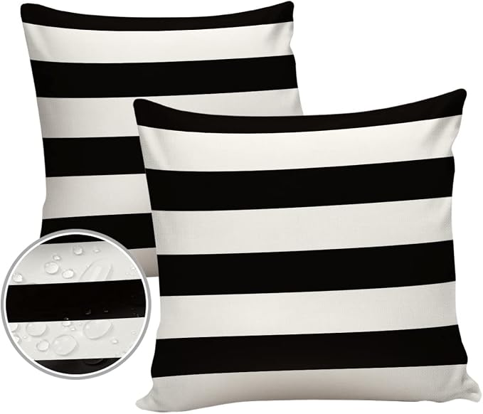 Outdoor Pillows 20x20 Waterproof Outdoor Pillow Covers, Black White Stripes Polyester Throw Pillow Covers Garden Cushion Decorative Case for Patio Couch Decoration Set of 2, Geometric