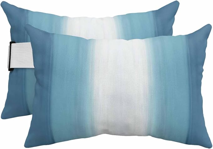 Outdoor Lumbar Pillow Set of 2, Aqua Blue Striped Waterproof Beach Headrest Pillow with Inserts, Blue White Ombre Farmhouse Gradient Recliner Throw Pillows for Patio Furniture, 11 x 16