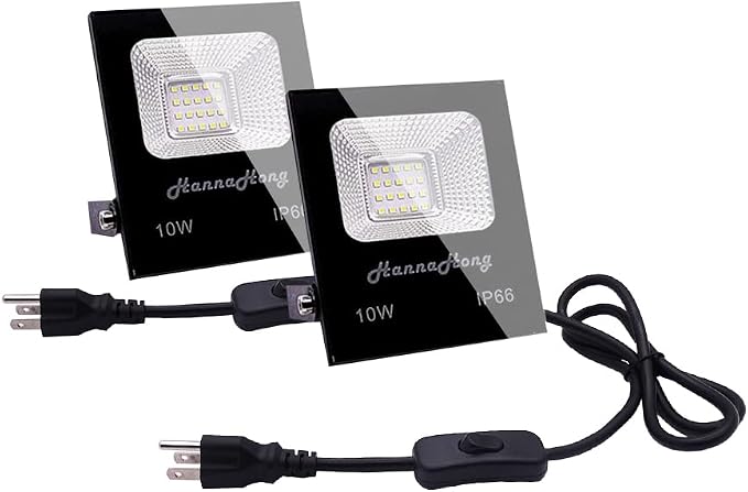 10W 2 Pack LED Flood Light with ON/Off Switch Plug in,Cool White,Security/Work/Plant Grow,IP66 Waterproof,Reflector Spot-Light Porch,Garage,Patio,Yard,Garden