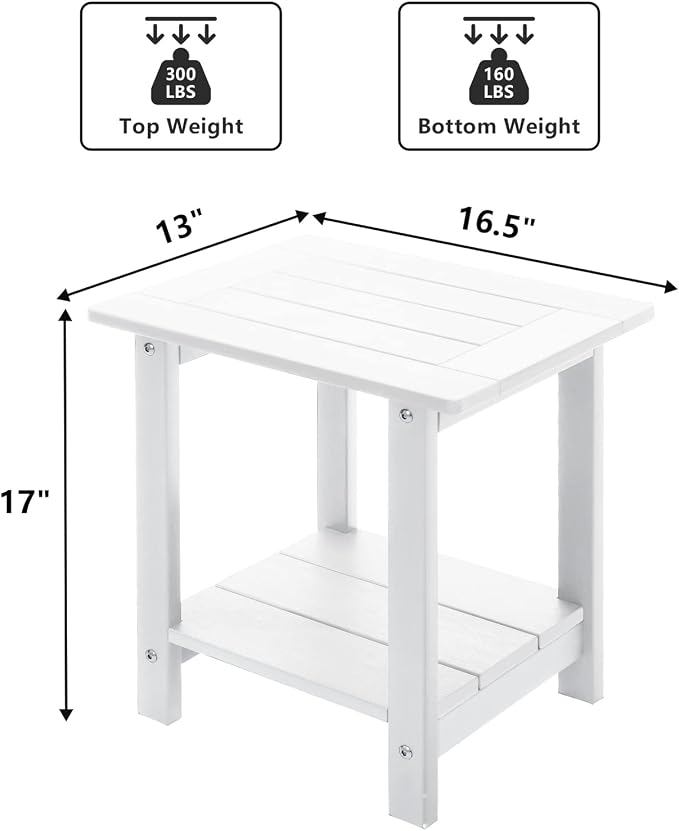 Meluvici Double Adirondack Outdoor Side Table Weather Resistant, Patio Rectangular End Table for Adirondack Chair, White