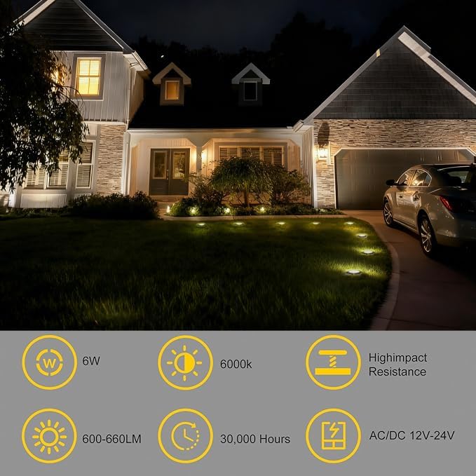 JESLED Outdoor Landscape Lights, Low Voltage In Ground Well Lights, 6 Pack | 6000K Warm White, 6W LED, 12V/24V, IP67 Waterproof, 5-Ton Pressure Resistant & 90° Beam for Driveway Decks Step Garden