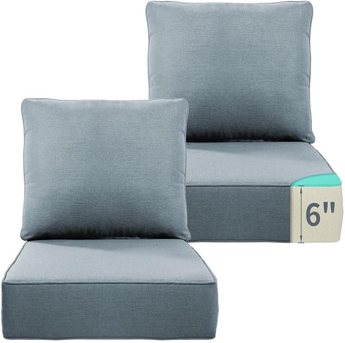 Luxury 22*24*6in Outdoor Patio Cushions, 2 Pieces Sky Blue Outdoor Cushion | 6'' Thick Outdoor Cushions, Water-Resistant, Reversible, Removable Cover, for Patio Chairs Sofa Couch Loveseat