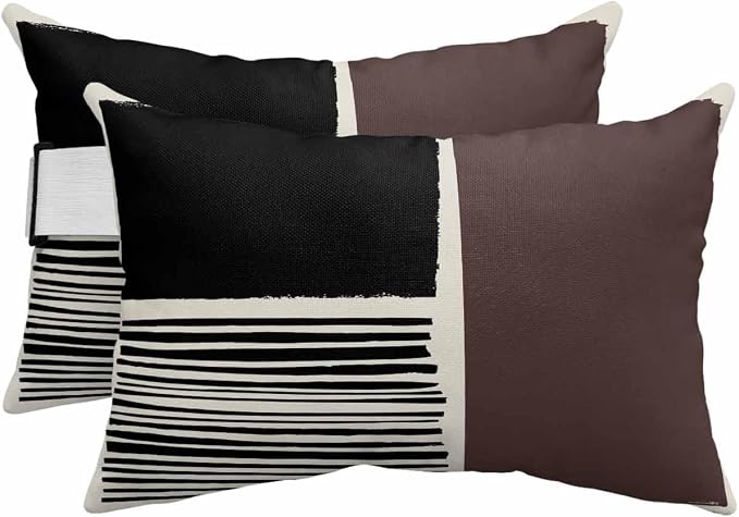 Pack of 2 Outdoor Lumbar Pillow Covers 11x16 Inch, Brown Black Waterproof Throw Pillow Covers Set, Modern Abstract Art Farmhouse Striped Indoor&Outdoor Decorative Cushion Cases for Patio Porch Car