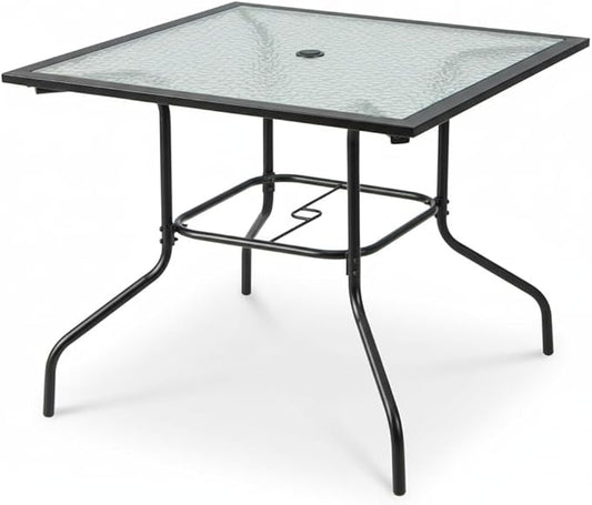 Tangkula 35 Inch Patio Dining Table with Tempered Glass Top, Square 4-Person Outdoor Bistro Table with 1.5" Umbrella Hole & Sturdy Metal Frame, Patio Dining Table for Backyard, Lawn, Deck & Poolside