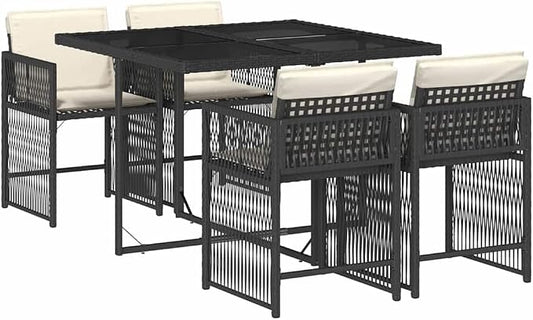 5 Piece Garden Dining Set Black with 4 High-Back Patio Chairs, Rectangular Table, Poly Rattan and Tempered Glass, Foldable and Stackable for Outdoor Patio Balcony