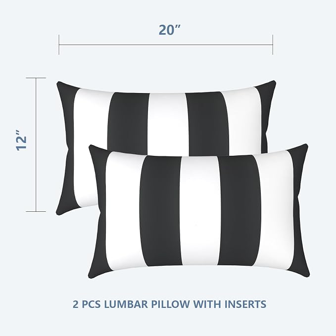 LVTXIII Outdoor/Indoor Lumbar Pillows, Decorative Patio Lumbar Cushions, Fluffy Water Repellent Garden Cushions for Home Patio Coach Sofa Use, 12×20 Inch, Pack of 2, Cabana Black