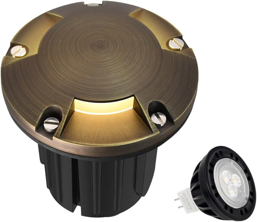 MALORY Brass Top Cover Landscape Well Lights, （5‘’H） Low Voltage Outdoor In Ground Lights, 12V Landscape Lighting for Pathway, Driveway and Garden (Three-Direction Turret, 1-Pack with Bulb)