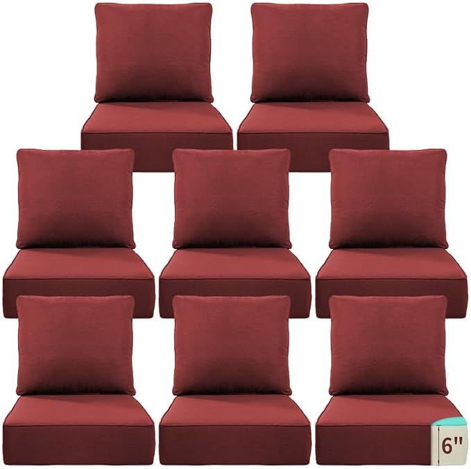 Luxury 22*24*6in Outdoor Patio Cushions, 8 Pieces Red Outdoor Cushion | 6'' Thick Outdoor Cushions, Water-Resistant, Reversible, Removable Cover, for Patio Chairs Sofa Couch Loveseat